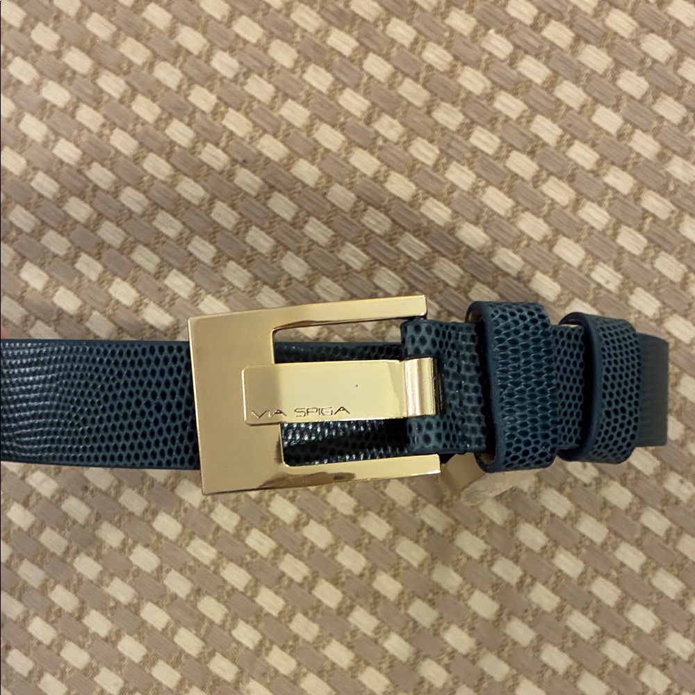 Via Spiga Blue Croc Leather Belt with Gold Buckle